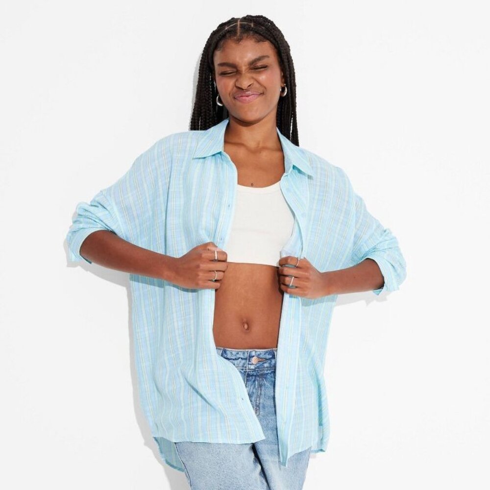 NWT Wild Fable Women's Long Sleeve Oversized Button-Down Shirt - Green/Blue Stri